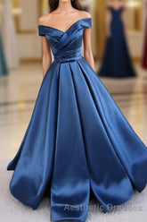 Simple Blue Satin Long Evening Prom Dresses, Blue Formal Dresses